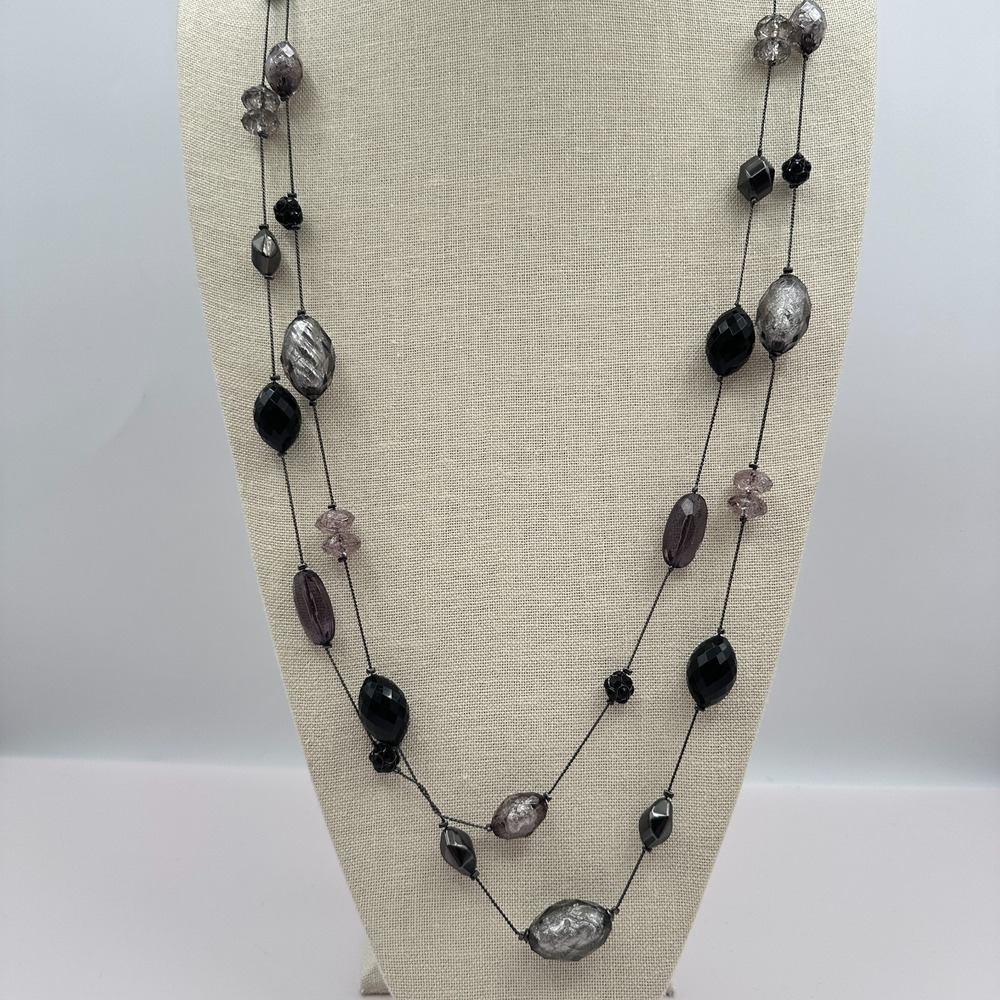 Vintage 90s Double Strand Multi-color Bead Necklace Silver Tone Women's Jewelry
